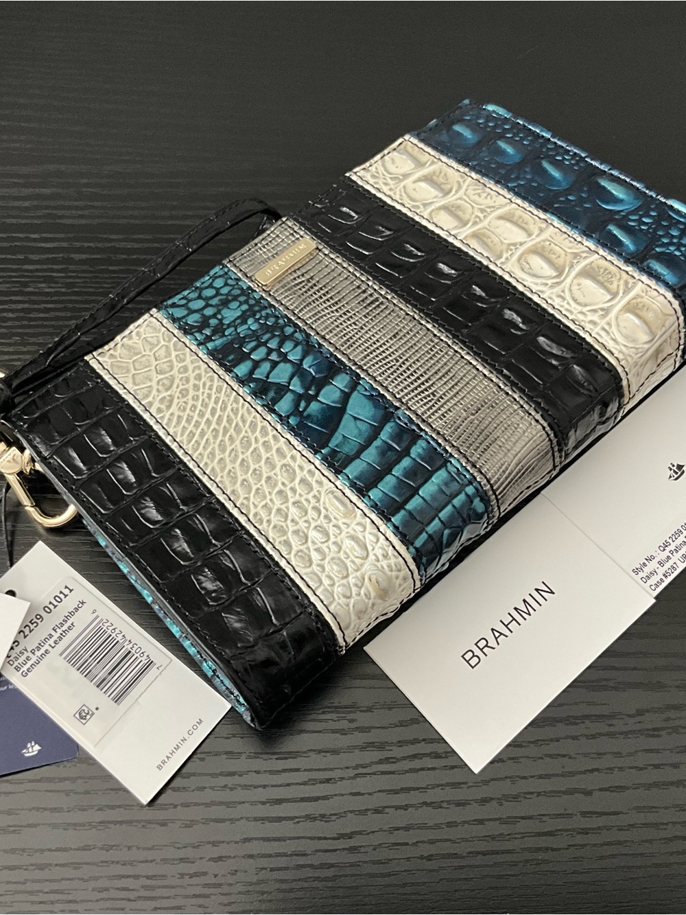 Brahmin Daisy BLUE PATINA FLASHBACK Mixed Leather Wristlet Cosmetic Clutch - Picture 5 of 7